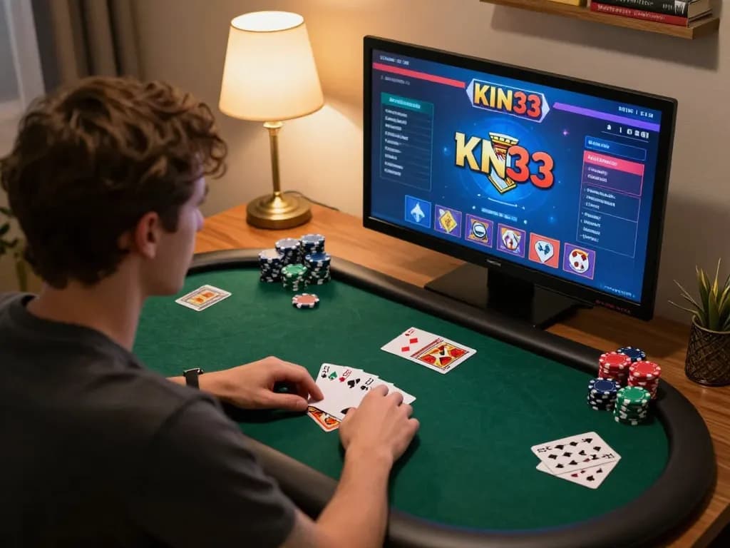 Engaging online poker gameplay at king33 with ambient lighting and strategic focus in a cozy home setting.