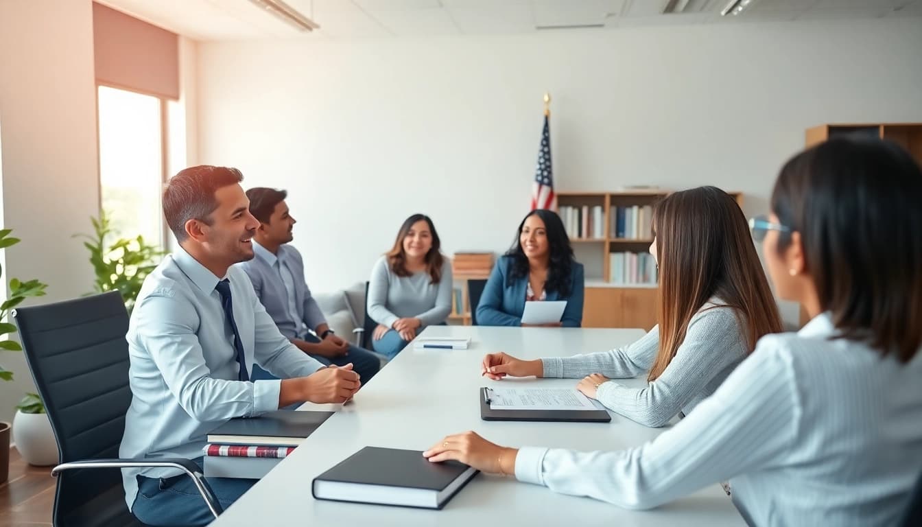 New Hampshire Immigration Lawyer assisting diverse clients in a professional office setting.