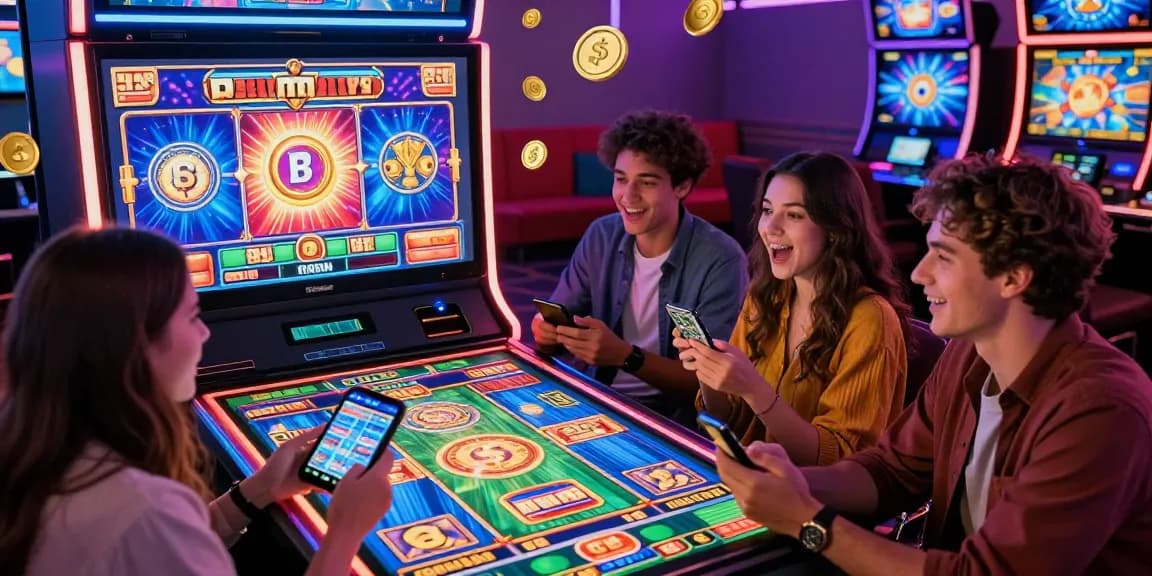 Group of friends enjoying a vibrant online slot game experience, showcasing excitement and engagement.