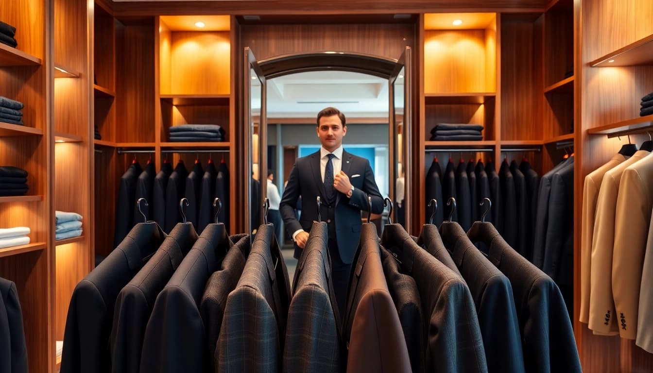 Showcasing bespoke custom made suits in a stylish boutique setting, highlighting elegant craftsmanship.