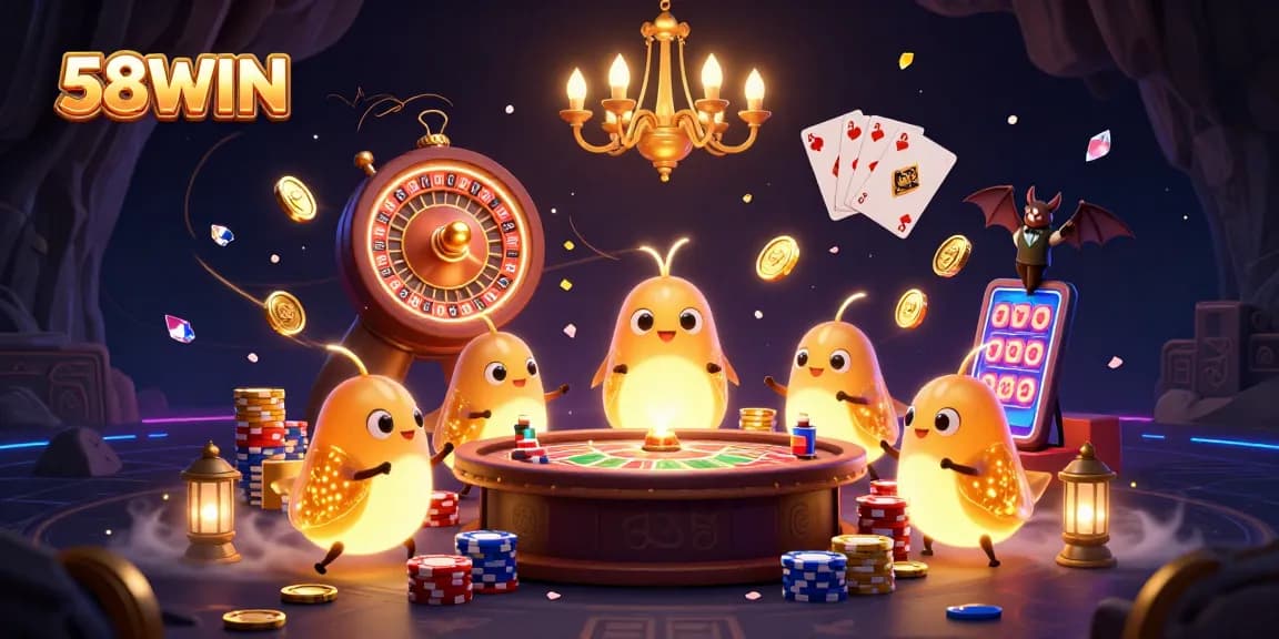 Experience thrilling gameplay at 58WIN with glowing casino charm, golden coins, and vibrant gaming elements.
