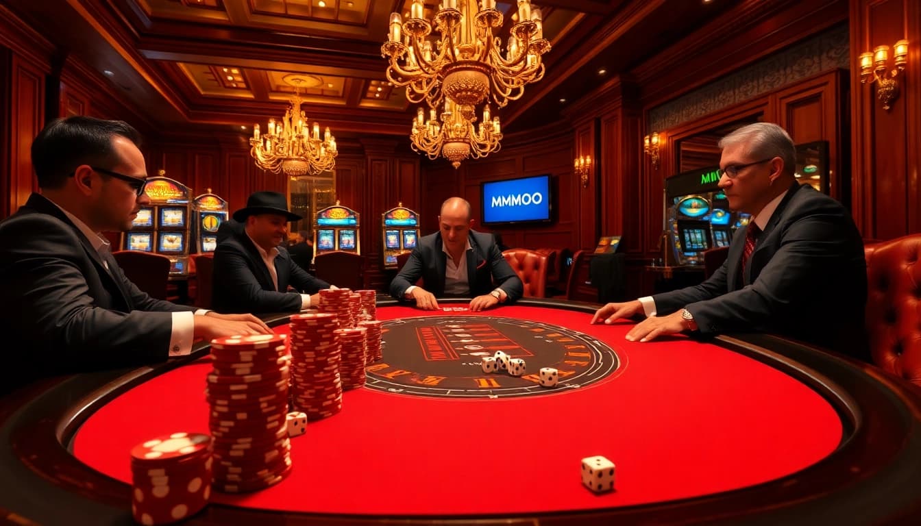 Players enjoying poker at MMOO casino, surrounded by chips and luxury decor.