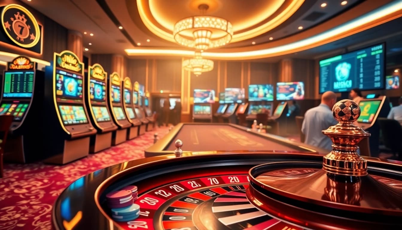 Players enjoying the thrill of gaming at https://xin88hv.site/ with vibrant slot machines and poker setups.