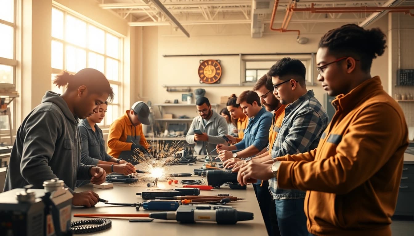 Students actively participating in hands-on training at a trade school, showcasing skills and technology.