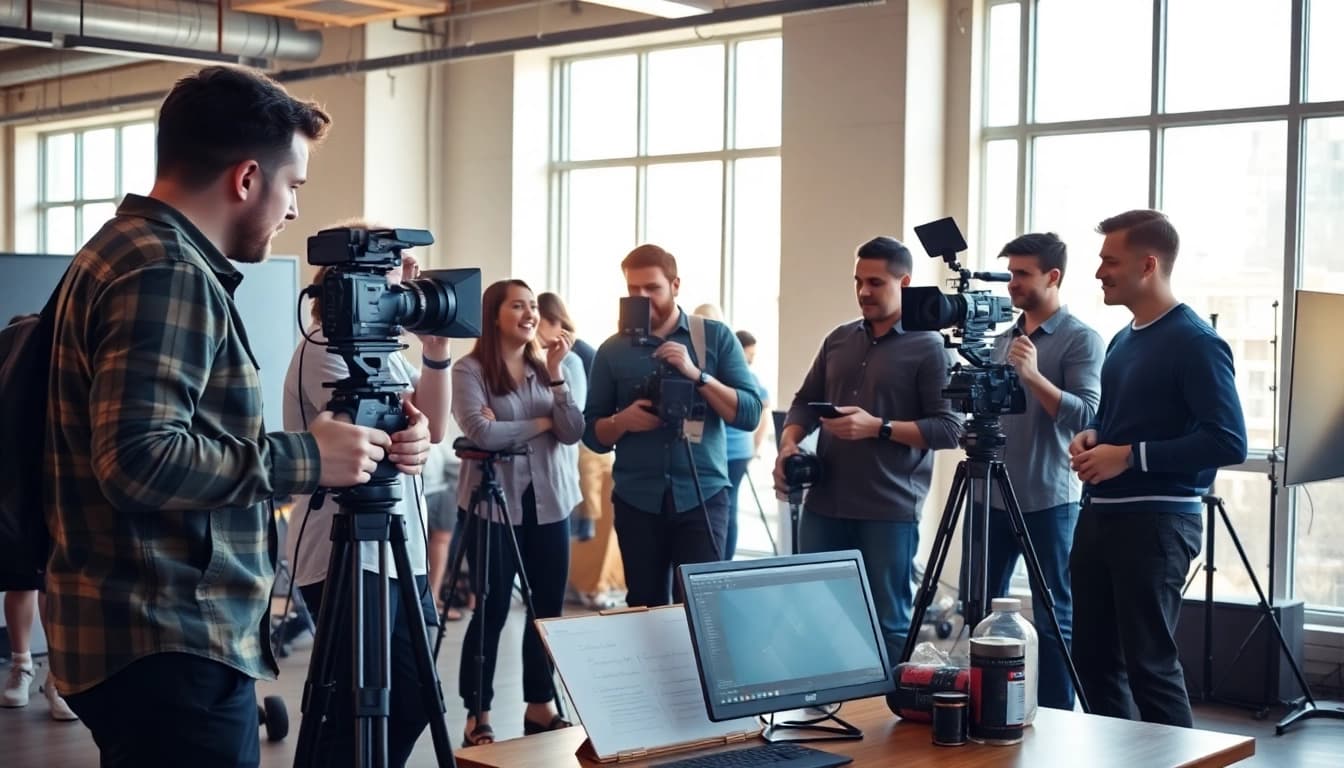 Collaboration of a Video Production Company Calgary team in a bright studio environment.