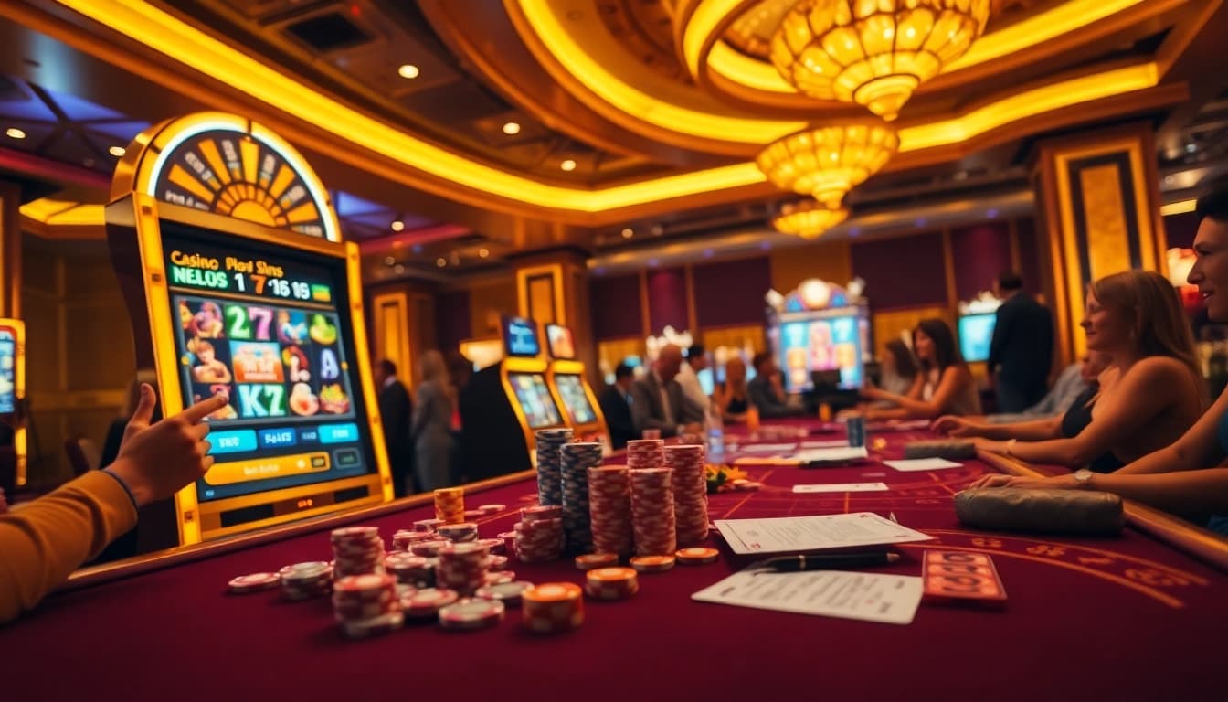 Environnement de casino en ligne passionnant avec des jeux de table vibrants, des jetons et une expérience de jeu immersive.