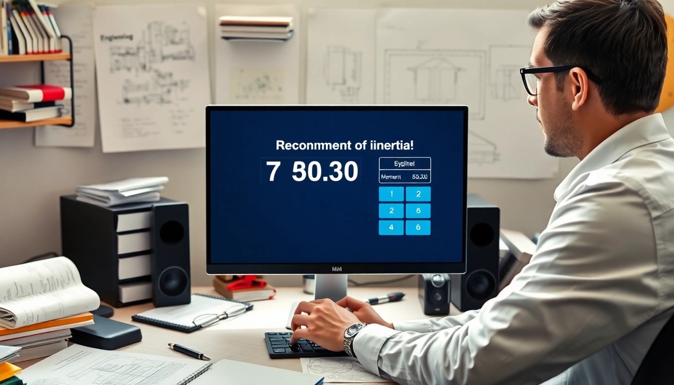 Applying moment of inertia calculator in an engineering workspace with technical elements.