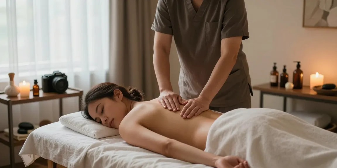 마사지 테라피 분위기의 휴식 공간, 아로마오일과 소프트 음악이 어우러진 편안한 모습