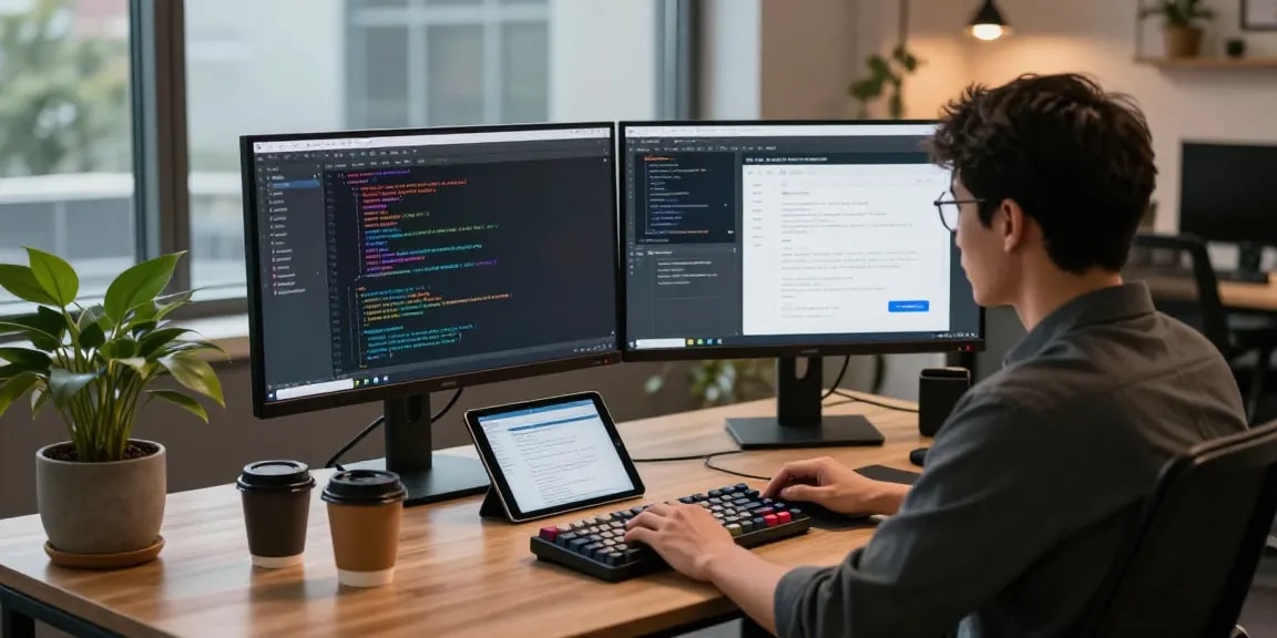 Developer coding on dual monitors in a modern workspace, highlighting 纸飞机中文版官网 features and functionalities.