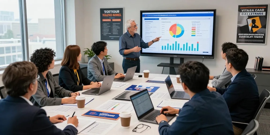 Campaign strategists analyzing political polling services data in a collaborative meeting.