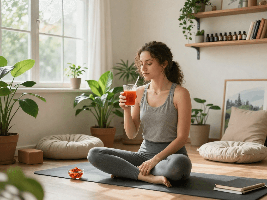 Individual enjoying astaxanthin Canada smoothie in a tranquil home wellness setting.
