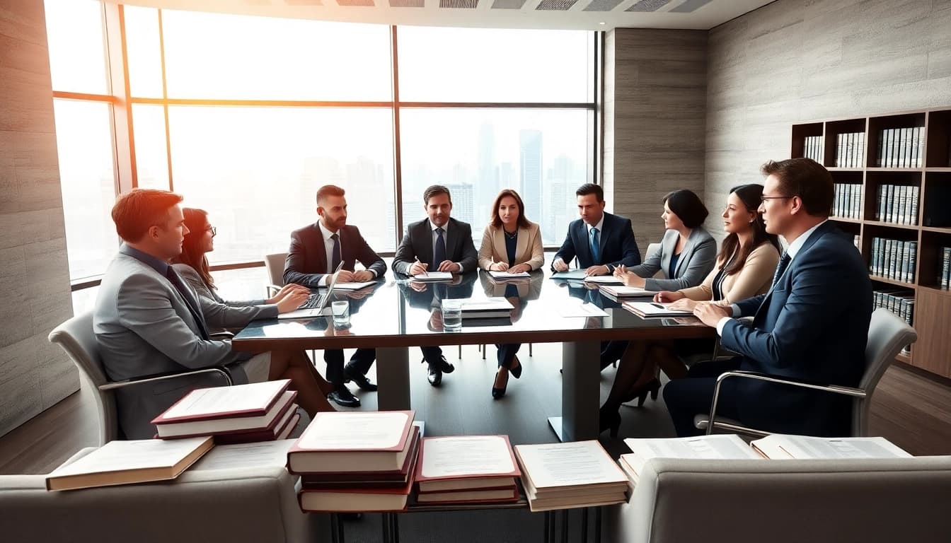 Engaged USA lawyers collaborating in a modern office setting focused on legal discussions.