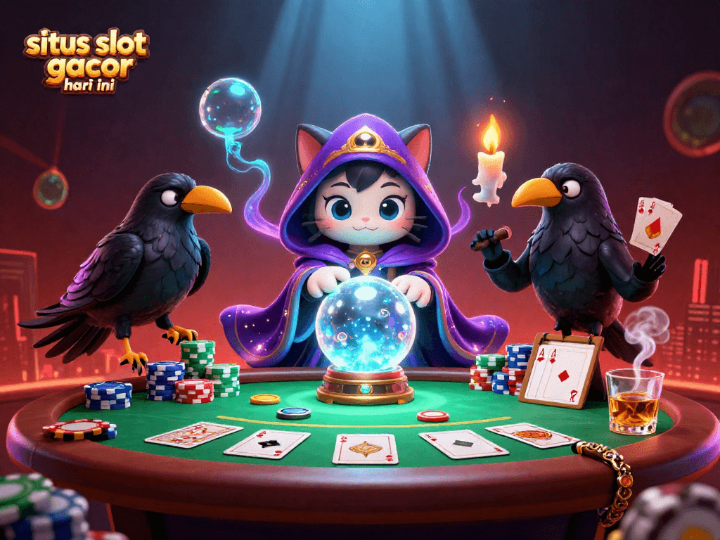 Slot gacor hari ini menampilkan kucing mistis dengan bola kristal & burung gagak, dikelilingi elemen poker.