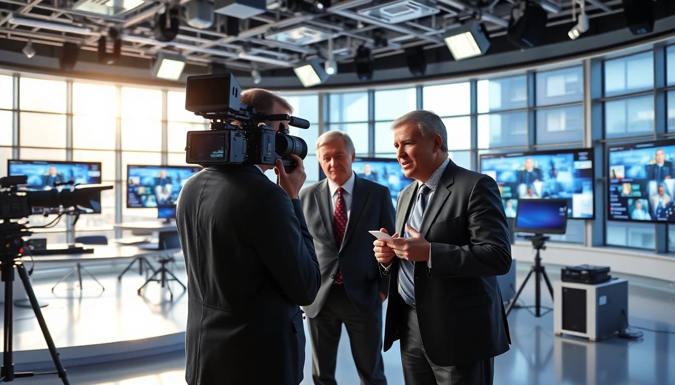 Capture the vibrant newsroom of https://emiratenewsday.com, showcasing journalists at work with high-tech screens.