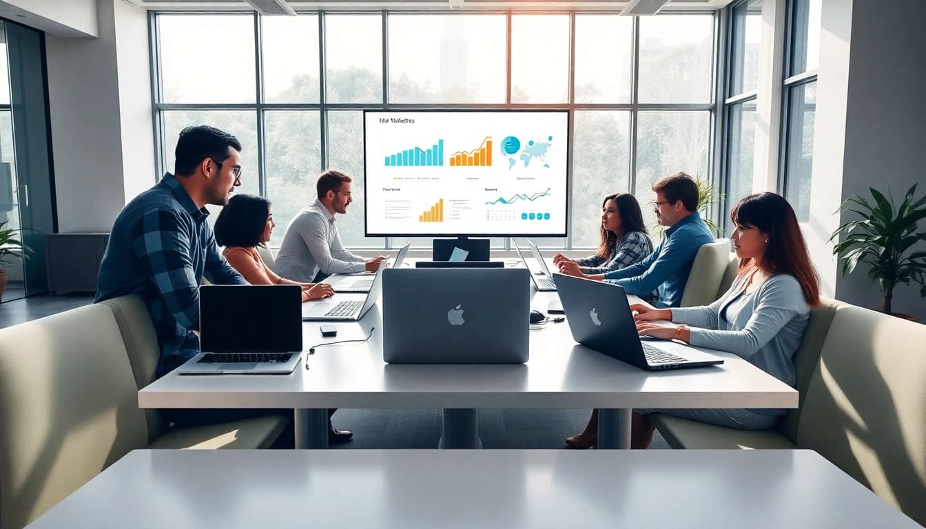 View of a diverse digital marketing team working collaboratively at https://c168me.com/ in a modern office setting.