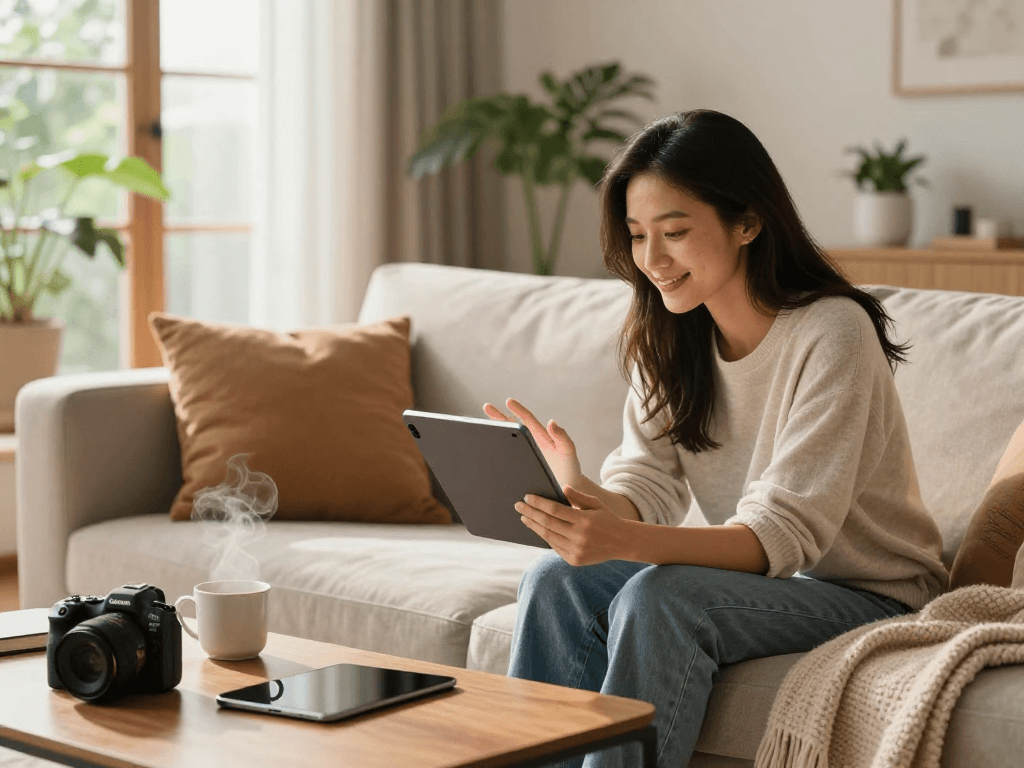 Engaging with girlfriend AI on a tablet in a cozy living room.