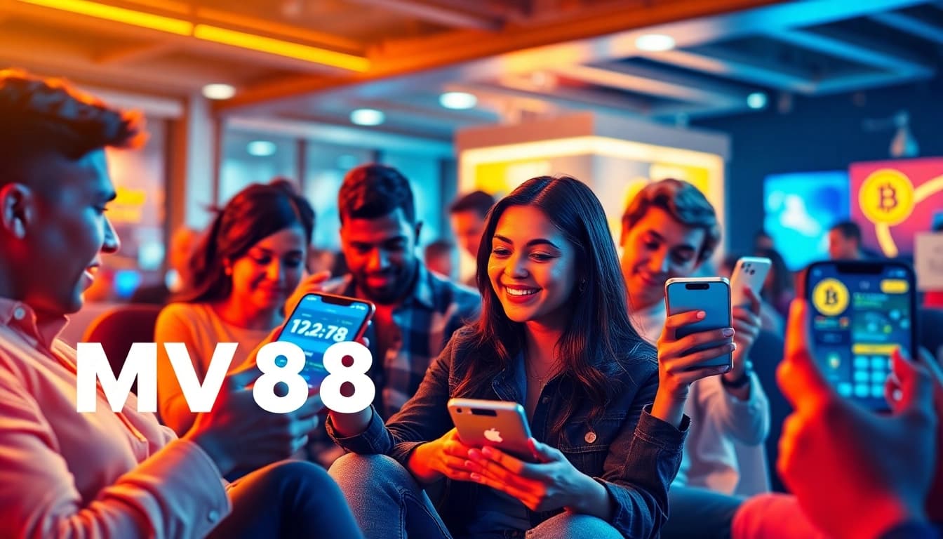 MV88 app interface displayed on mobile devices, showcasing secure transactions and user engagement in a vibrant community.