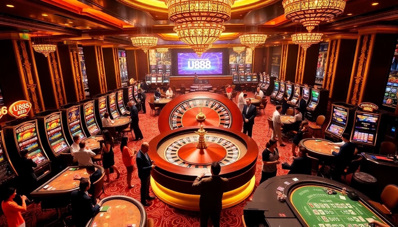 Excited players enjoy the U888 casino experience at a vibrant roulette table and luxurious slot machines.