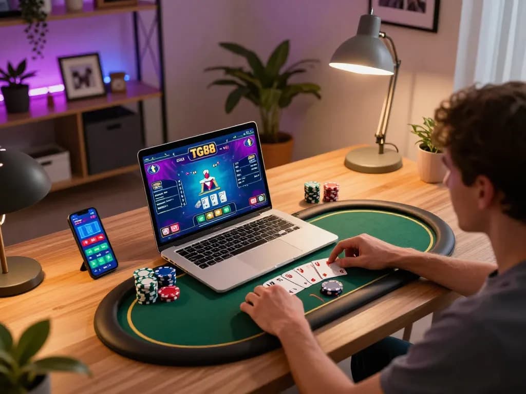 Player engaging in TG88 online poker on a laptop, showcasing a modern gaming setup with strategic possibilities.