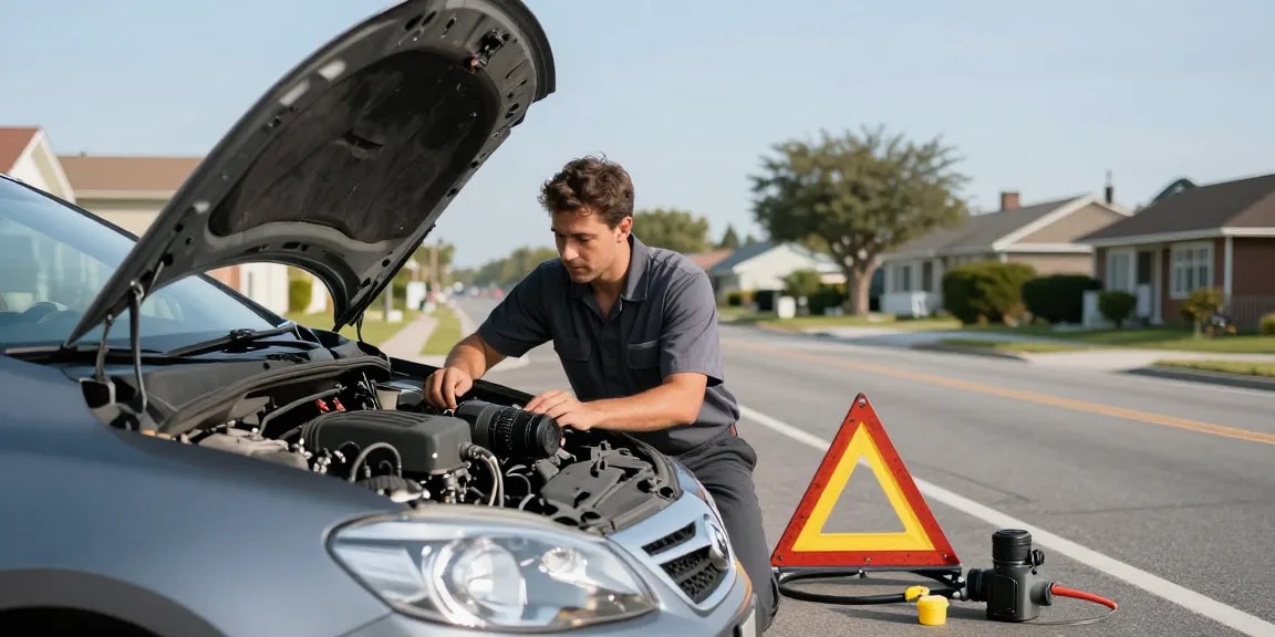 Technician fixing wrong fuel in car on roadside with tools, ensuring safety and efficiency.