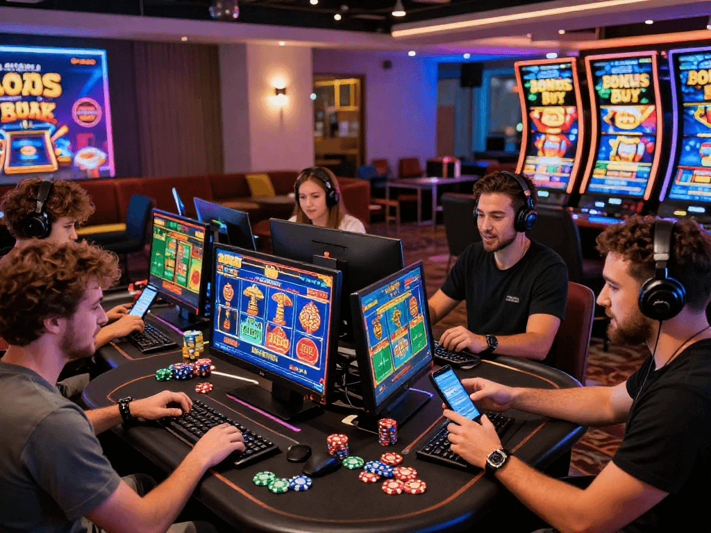 Players enjoying thrilling bonus buy casinos with vibrant slot screens and gaming ambiance.