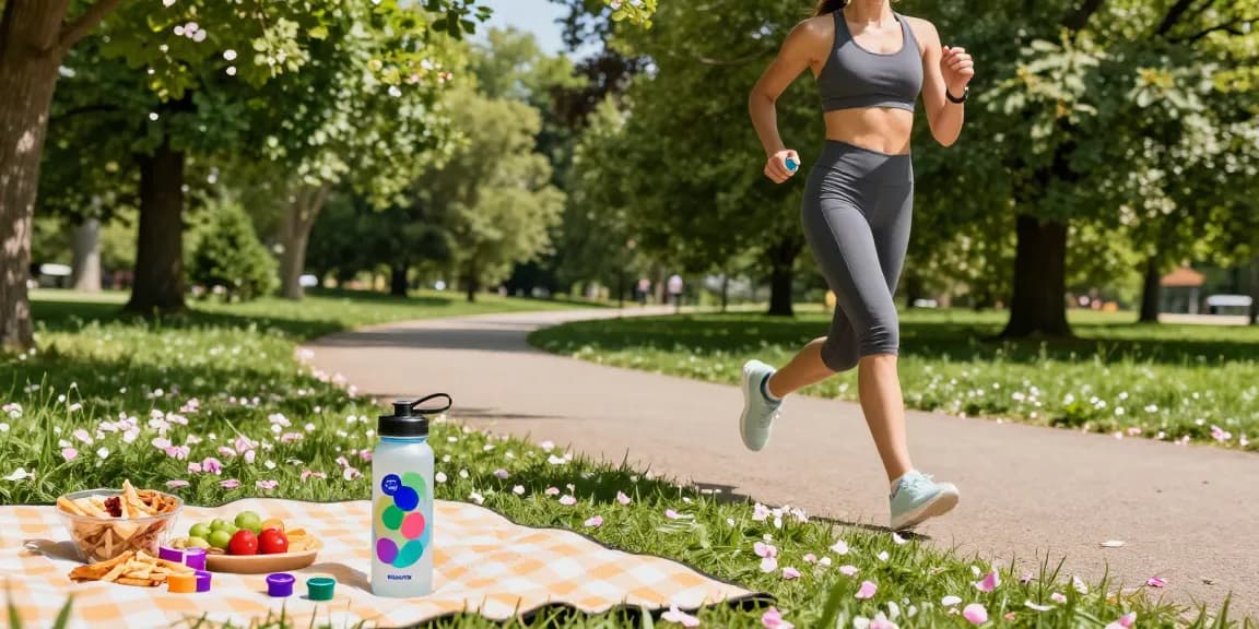 Active woman enjoying her flavoured water bottle while jogging in a vibrant park.