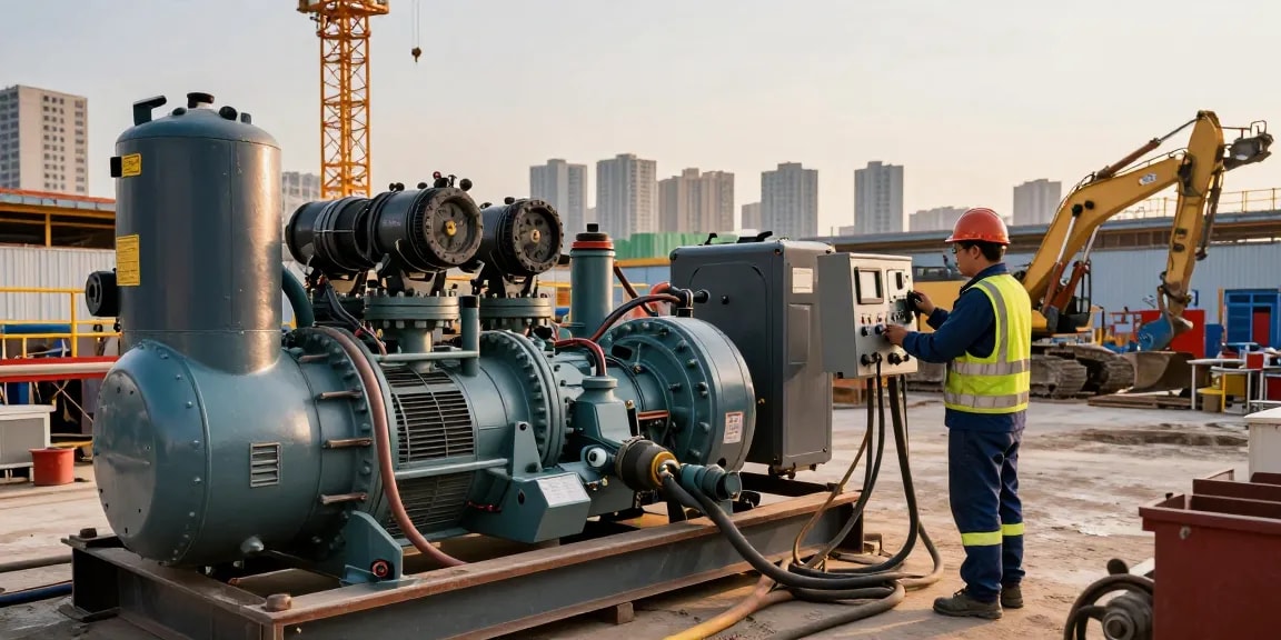 Gas generator powering construction site machinery with technician adjusting controls.