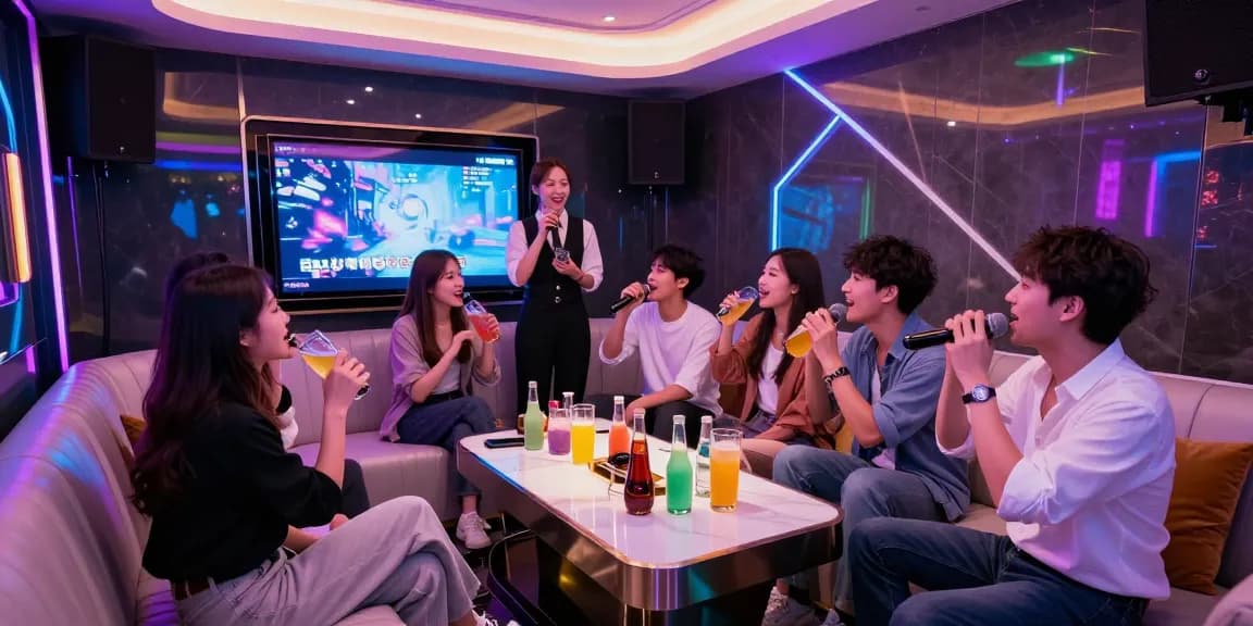 강남가라오케의 고급스러운 룸에서 친구들과 함께 노래를 즐기는 모습