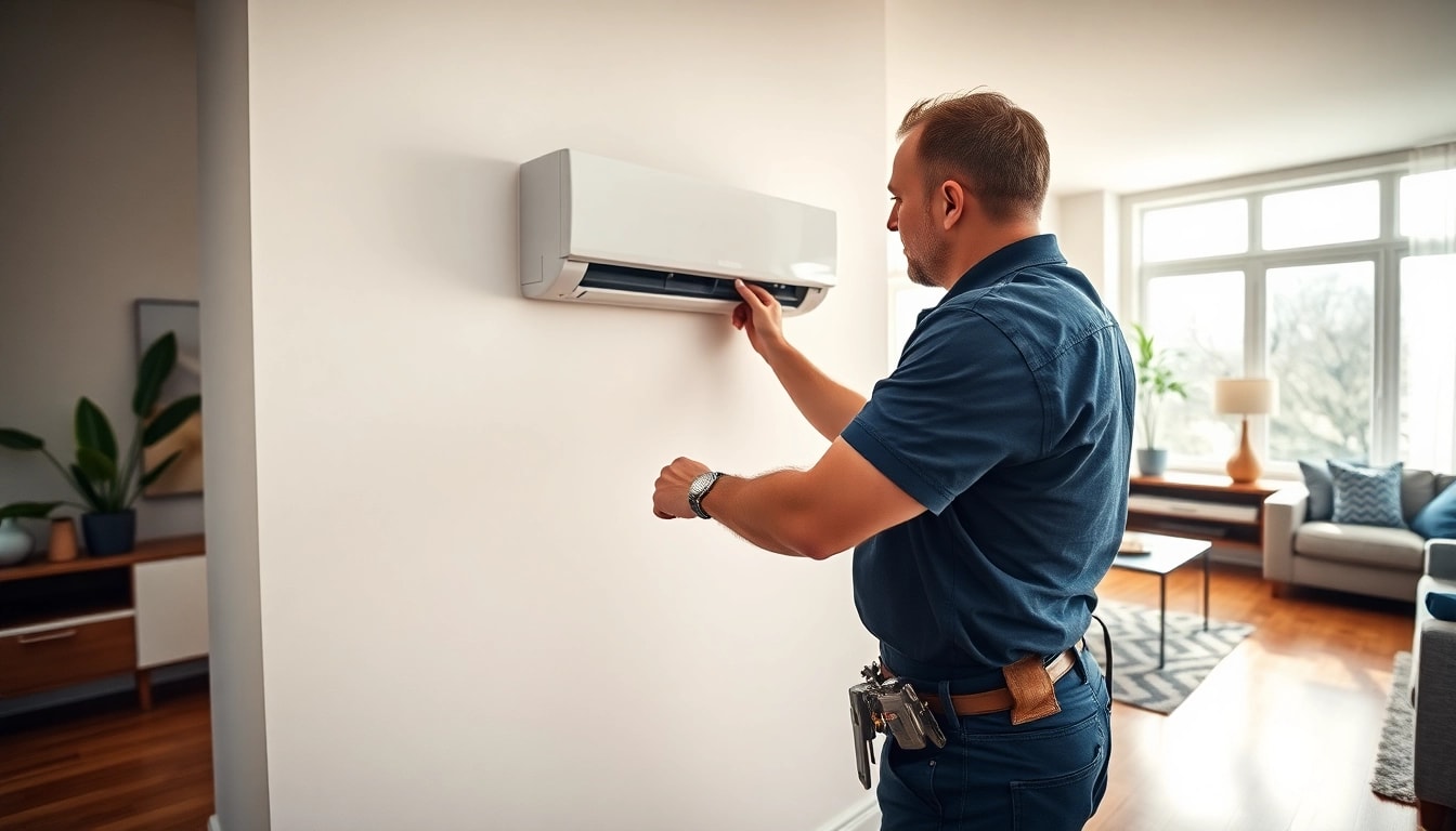 Min-Split System Installation by a seasoned technician in a stylish living room.