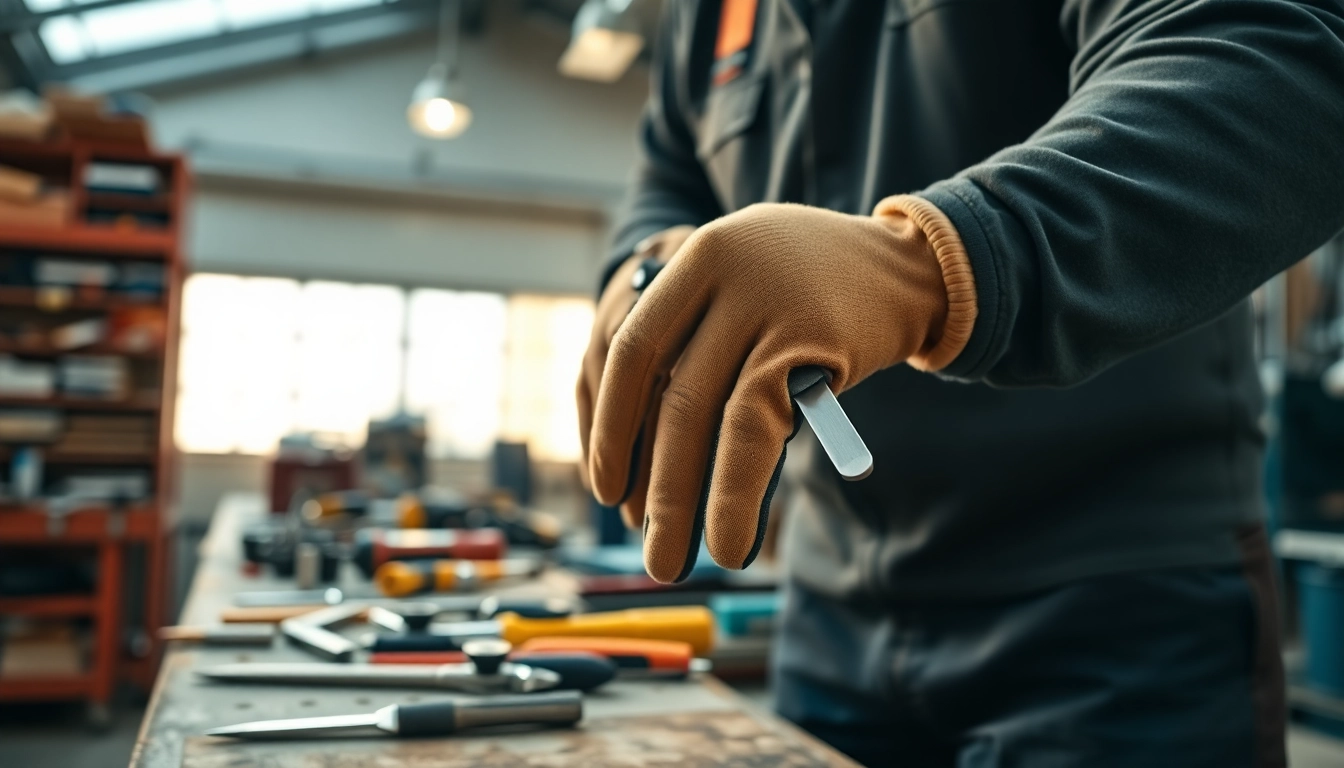 Worker showcases EN 388 cut-resistant gloves while using tools in a professional workshop.