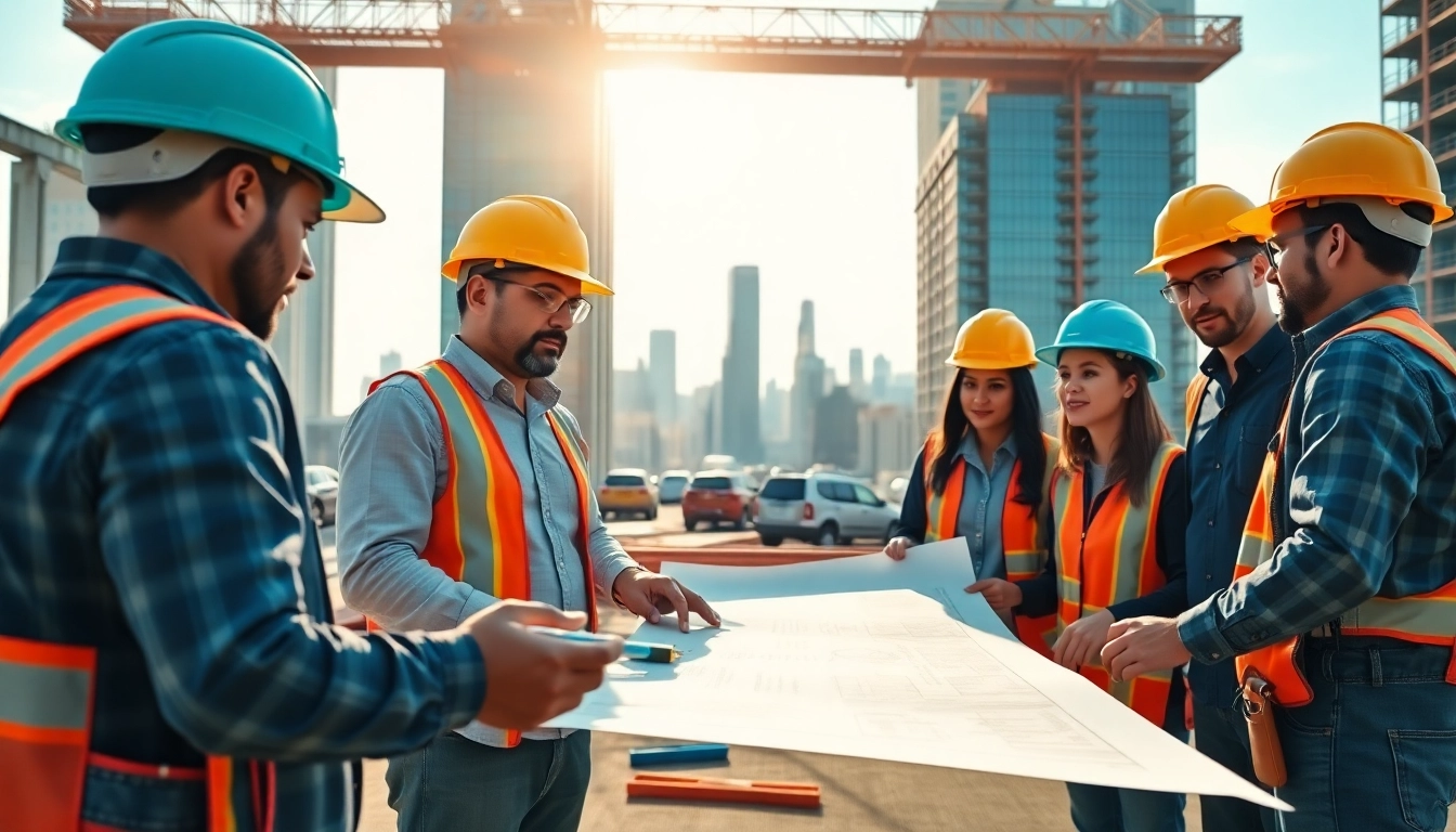 Collaborative scene of careers in construction with professionals on a building site.