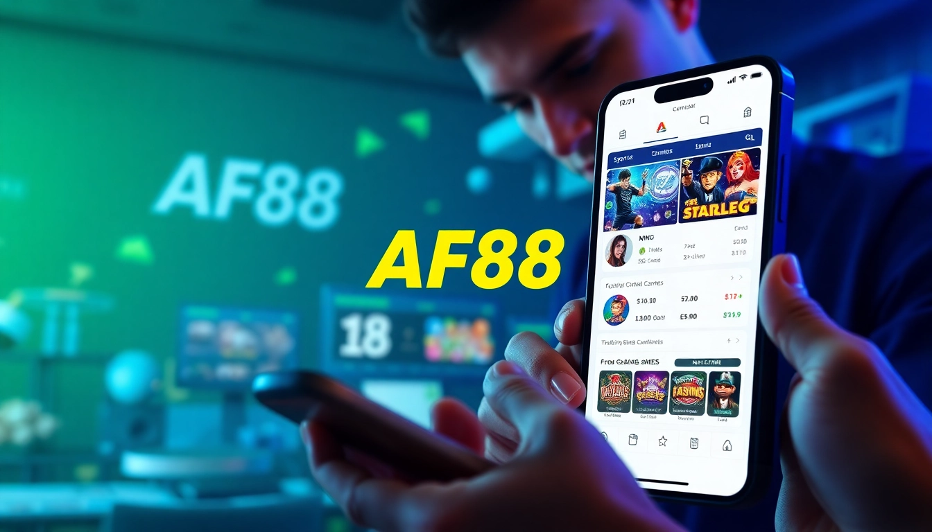 AF88 interactive online gambling interface showcasing sports betting and casino games with vibrant colors.