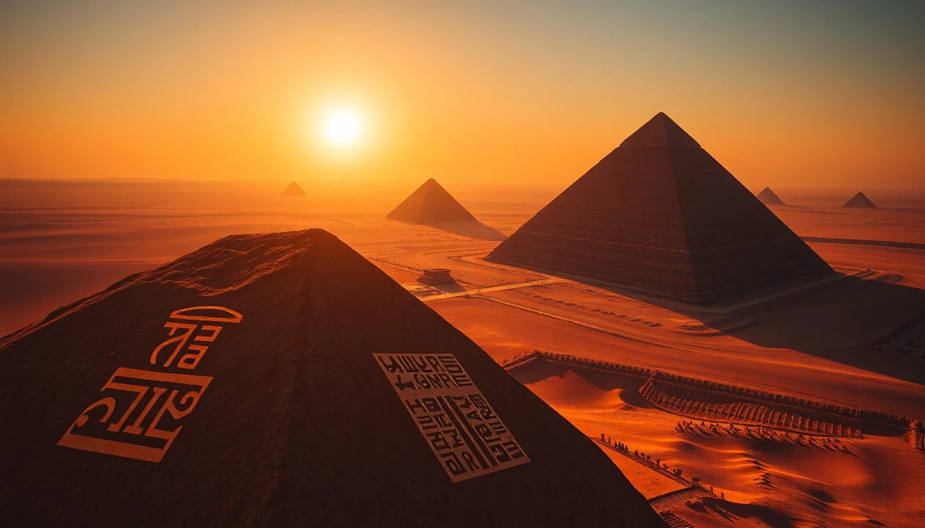 Pyraminds in Egypt illuminated during sunset with hieroglyphs highlighting ancient structures.