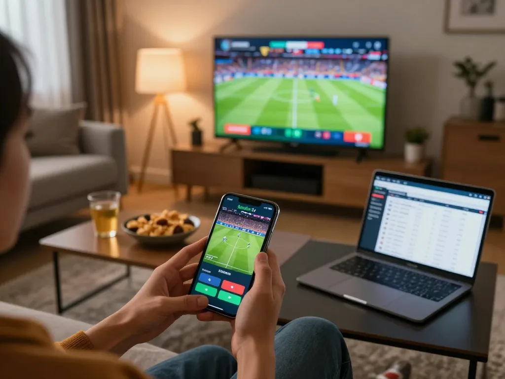 Socolive tv user engaging with live football streaming on a smartphone in a cozy setting.