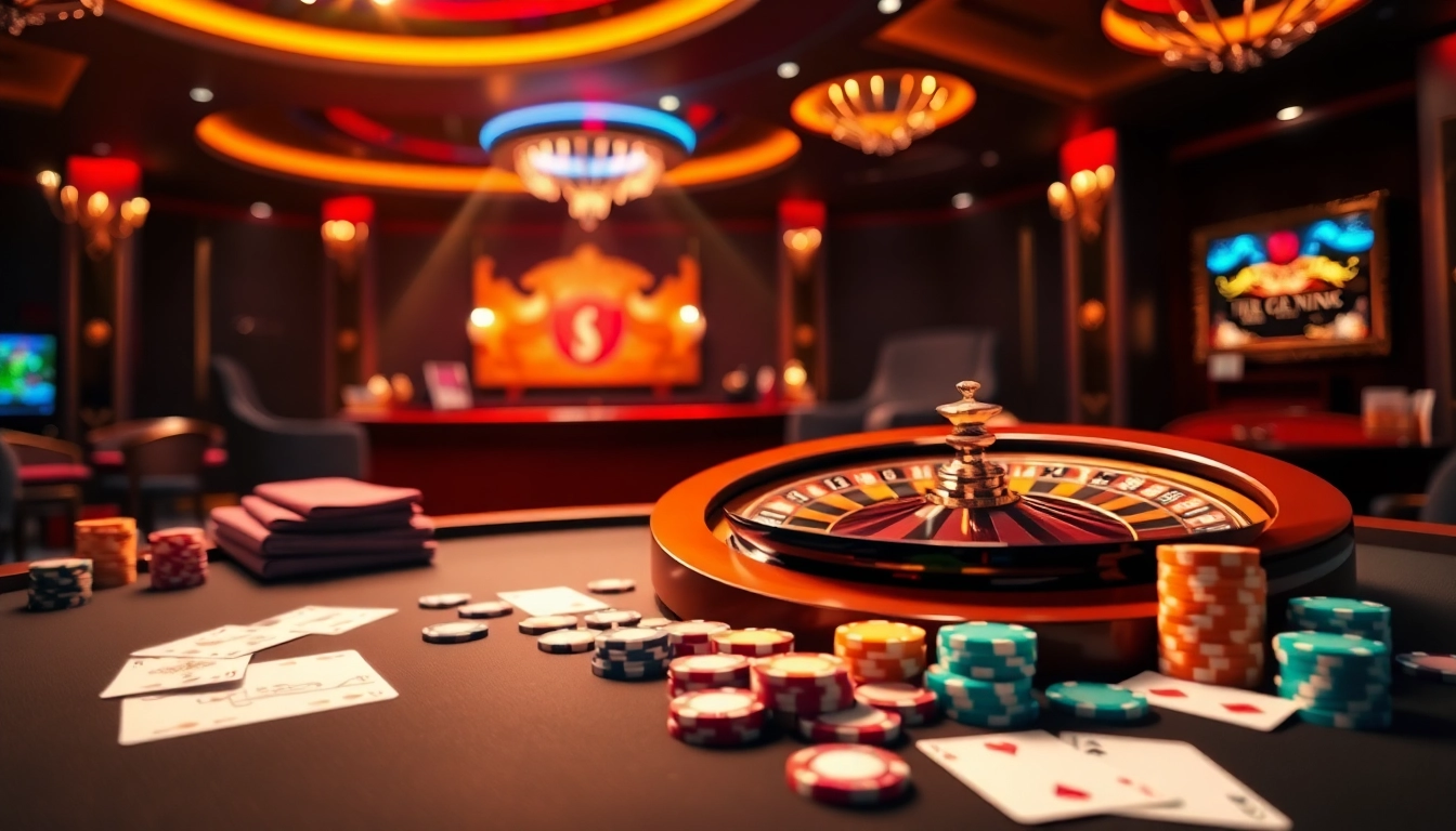 Experience a vibrant gaming atmosphere at trang chủ new88 with poker chips and roulette wheel.