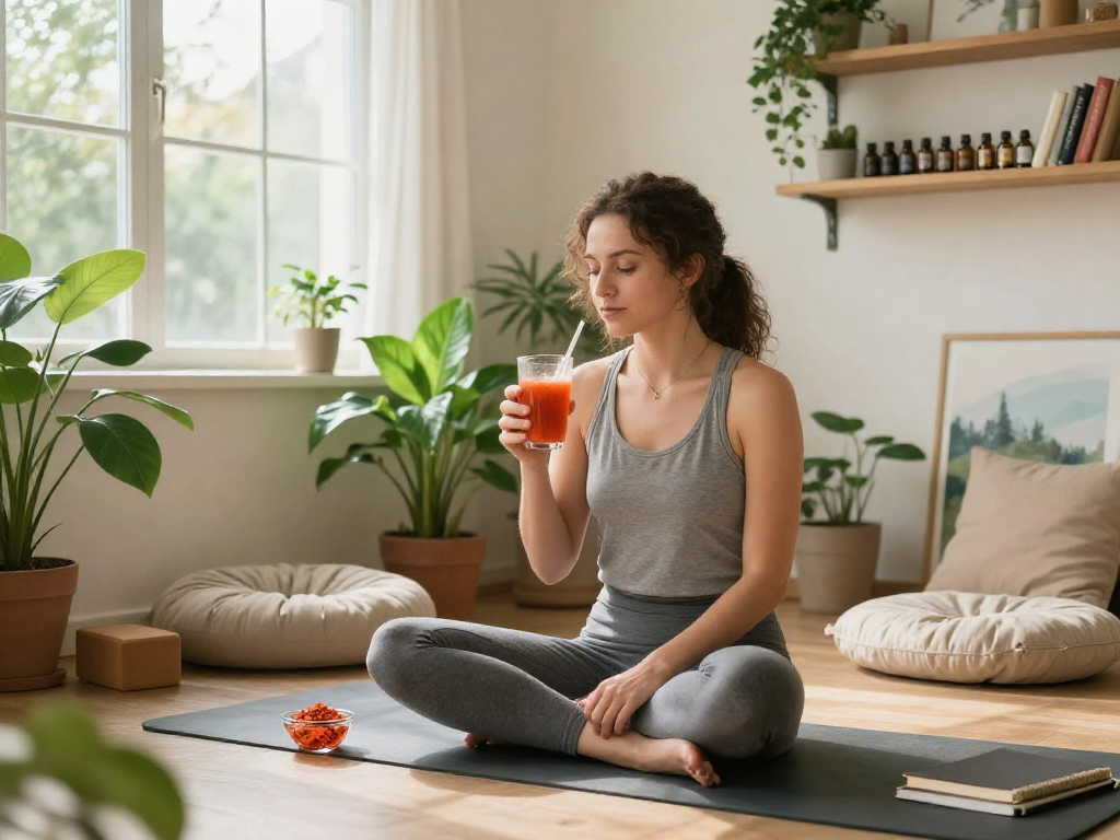Individual enjoying astaxanthin Canada smoothie in a tranquil home wellness setting.