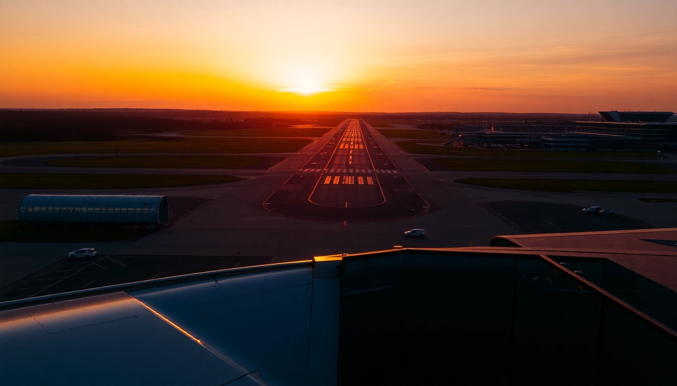 Newcastle Airport with illuminated runway and terminal at sunset, showcasing a peaceful travel atmosphere.