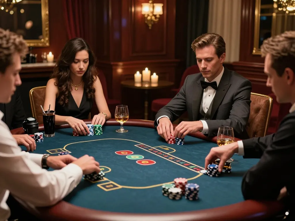 Pemain 88Pulsa merancang strategi di suasana poker yang mewah, menampilkan suasana yang mewah dan atmosfer taruhan tinggi.