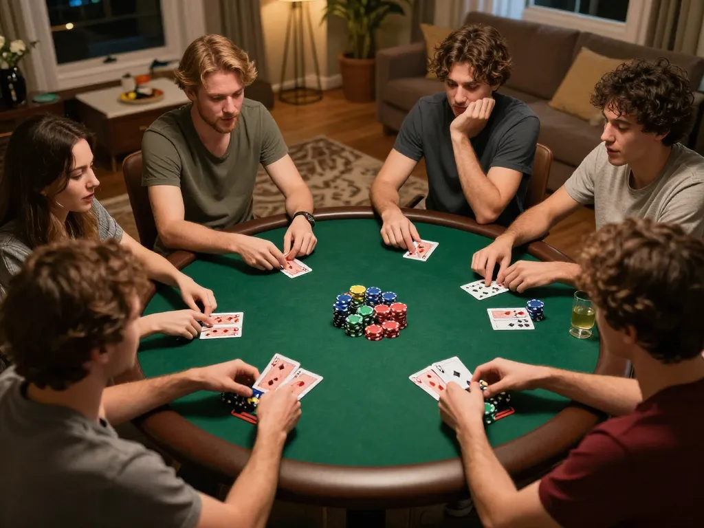 Engaged friends playing poker during a cozy night, showcasing strategic gameplay while using the Website Bet88 for online gaming.