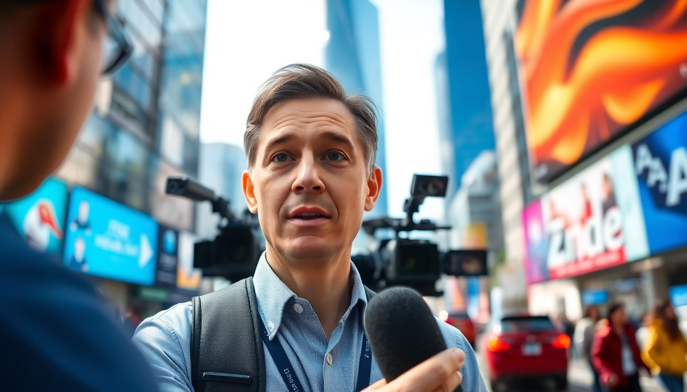 Capture the essence of News in a live-report setting, showcasing a journalist in an urban environment.