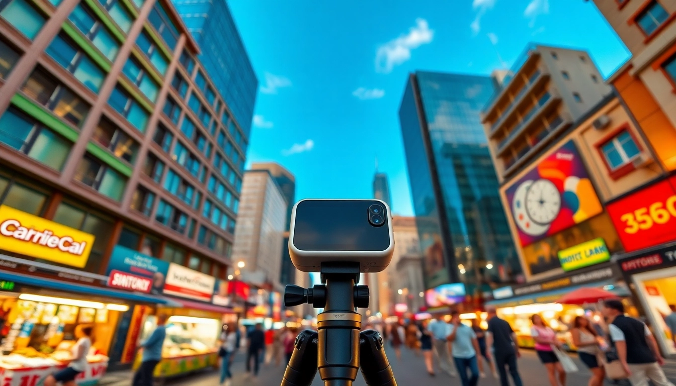 Insta360 camera capturing vibrant city life showcasing dynamic urban angles.