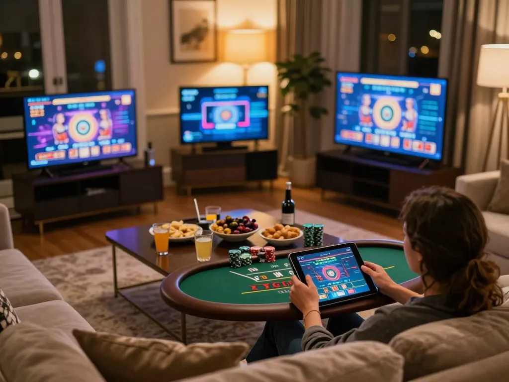 Player enjoying a live dealer game at home with Manclub online casino platform, engaging ambiance and luxury.