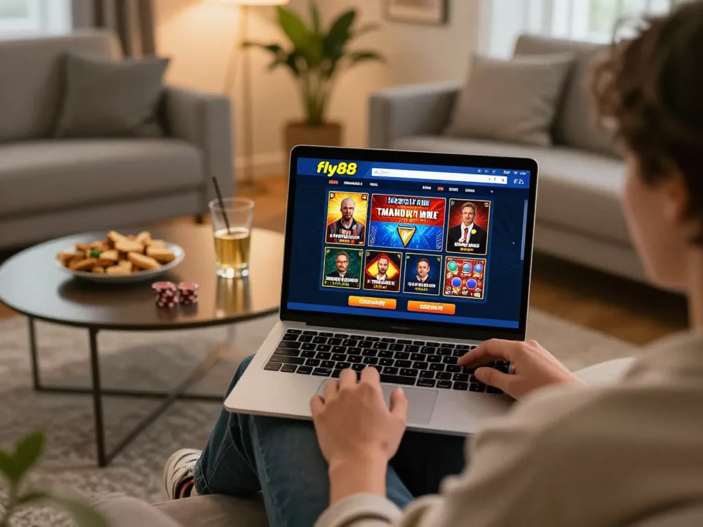 Enjoying a relaxing session on fly88 link while playing poker online in a cozy living room.