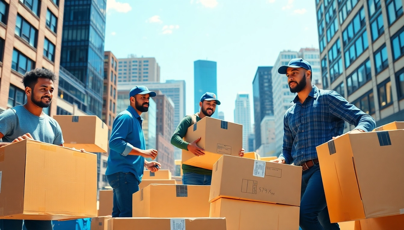 Boston local movers packing boxes with professionalism amidst a vibrant urban backdrop.