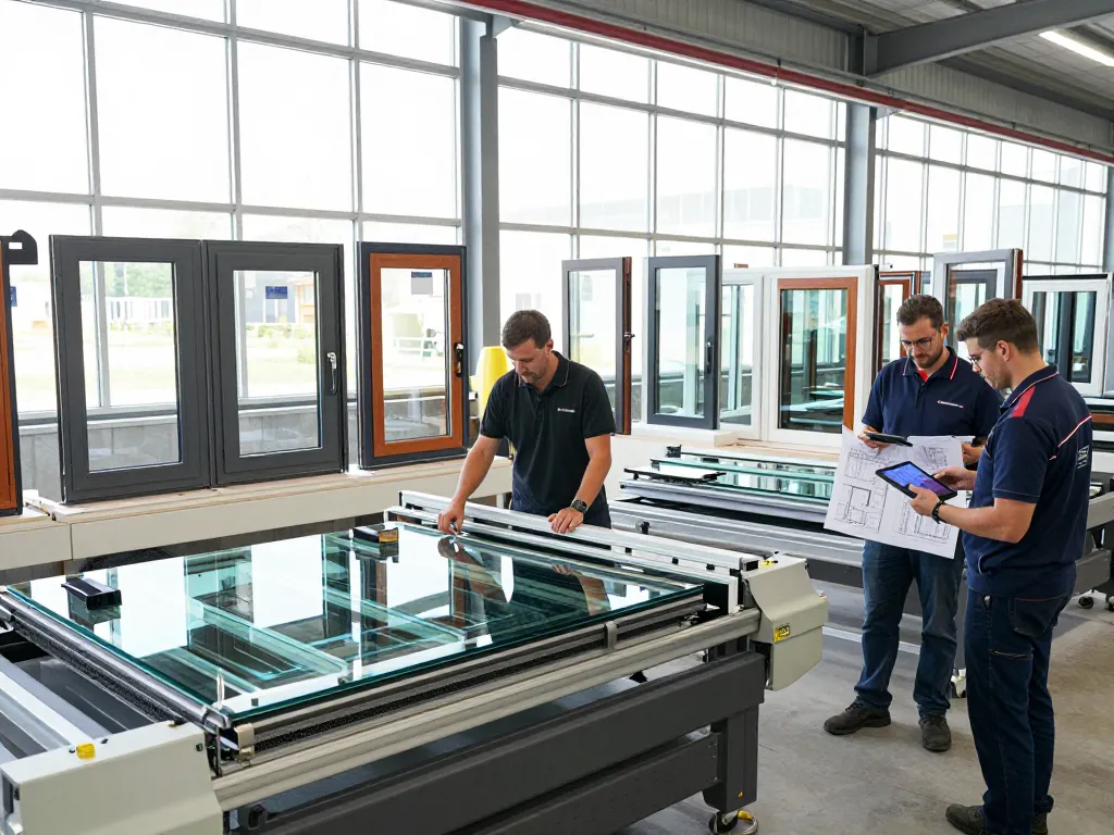 Innovative Fensterbau-Herstellungsszene mit qualifizierten Handwerkern und moderner Maschinen.