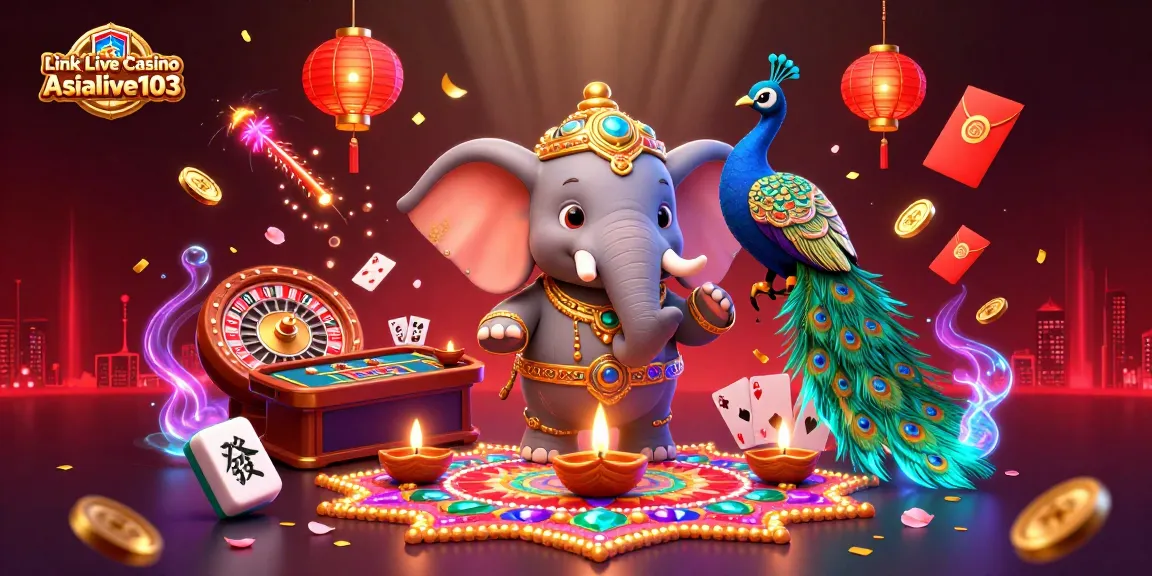 Experience real-time gameplay with Link Live Casino Asialive103 in this vibrant casino-themed illustration featuring lively characters.