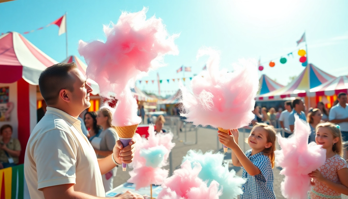 Kinderen genieten van verse wafel katoen op een zonnige kermis.