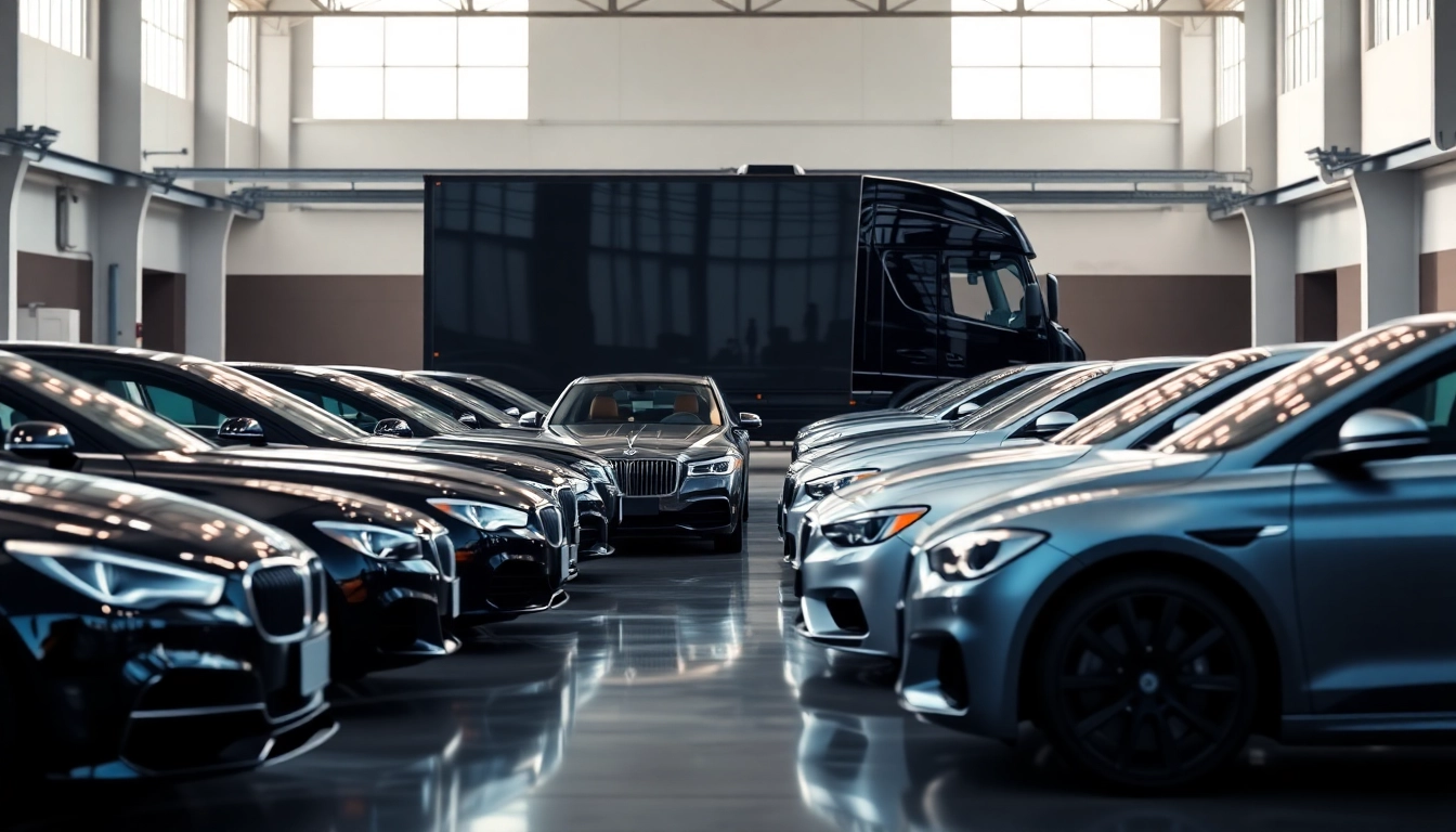 Luxury auto transport scene featuring https://luxuryautocarriers.com vehicles in a professional warehouse.