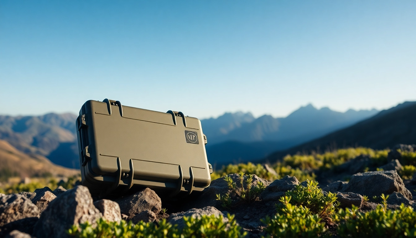 Showcasing a Pelican rifle case in an outdoor hunting setting with rugged landscapes.