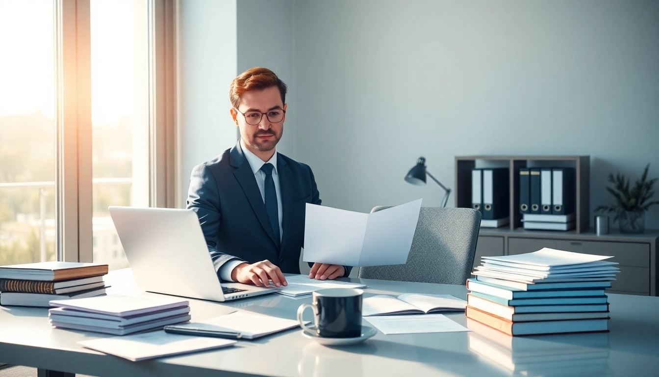 Professional scene of a traductor jurado translating official documents in a modern office setting.